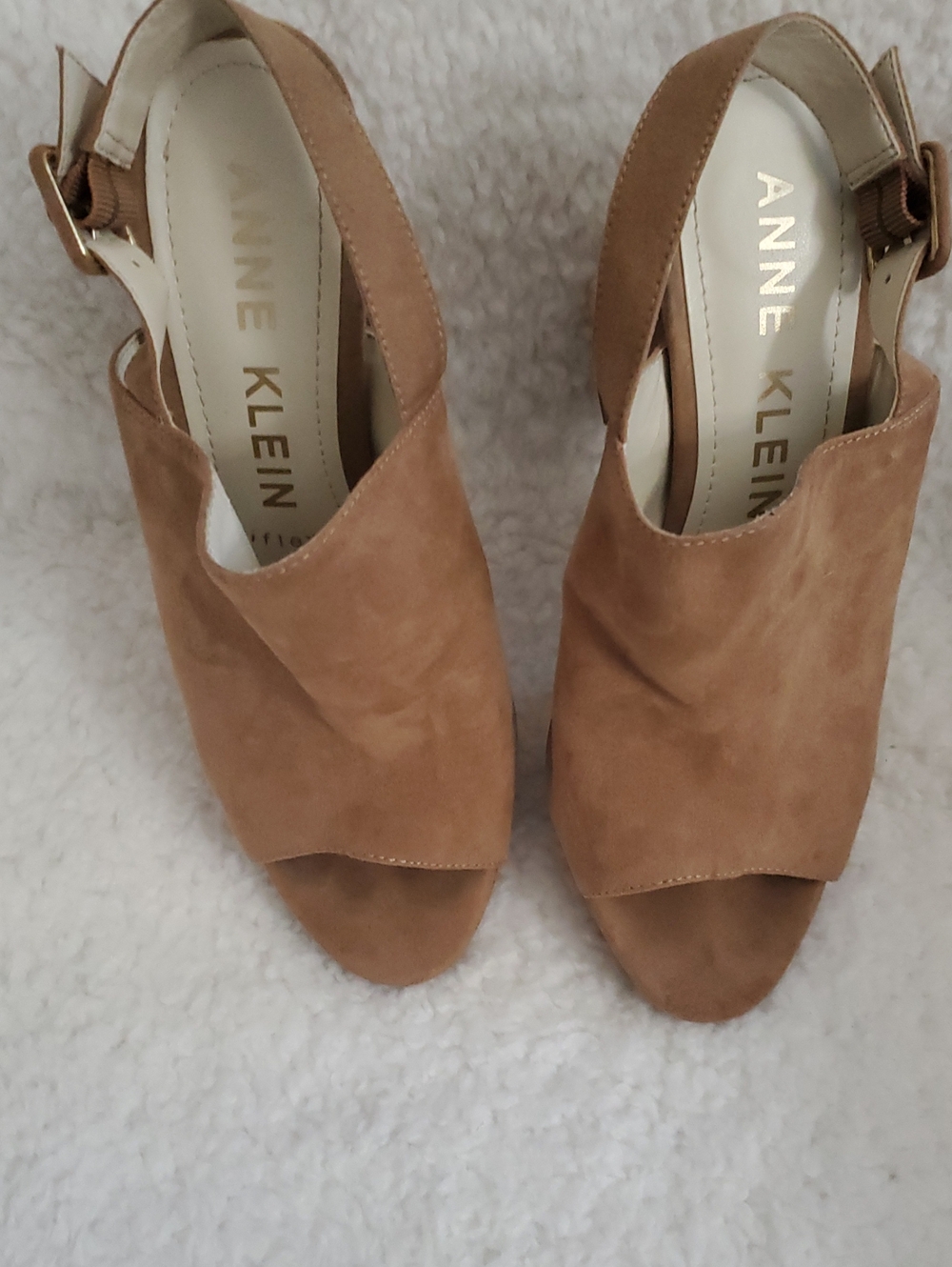 Anne Klein Tan Suede Peep Toe Platform Sandals
